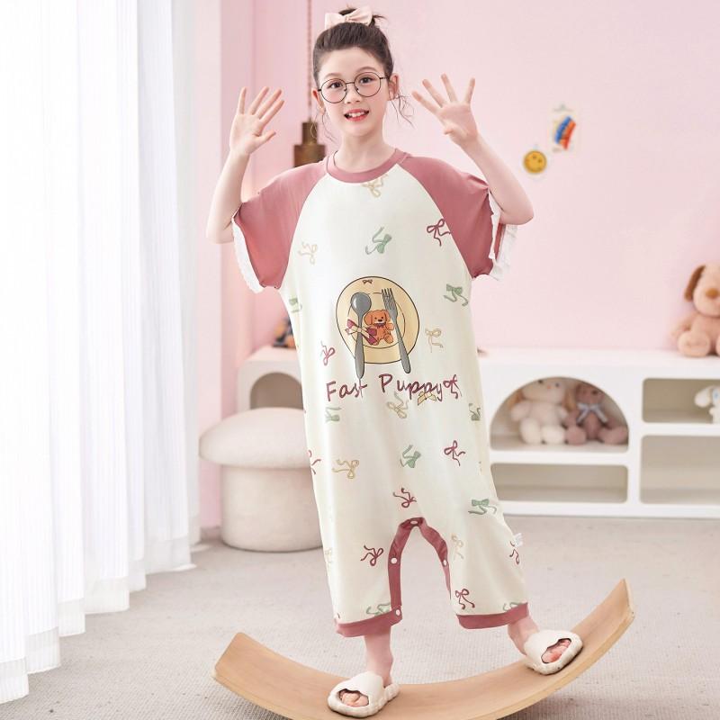 Tencel Kids Pajama Set Girls Lightweight Cartoon Print Romper Sleepwear