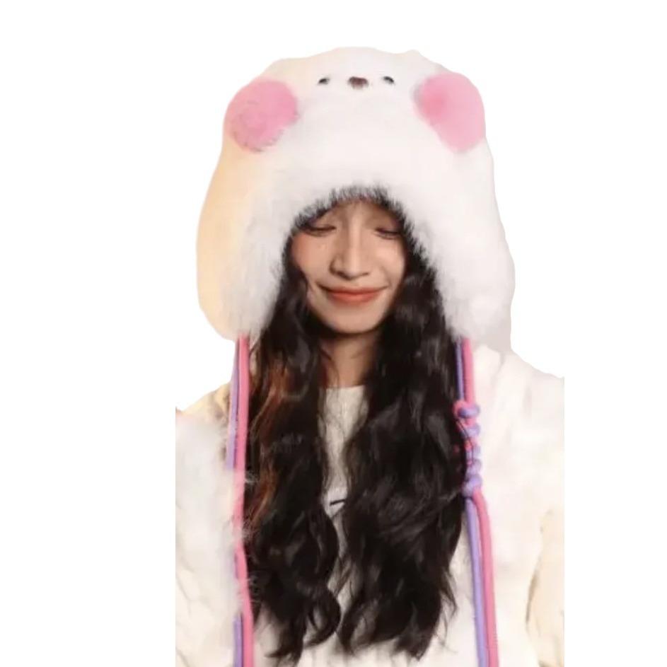 Cute blush bear plush hat women's winter sweet warm ear protection Lei Feng hat cycling fleece thickened cold protection