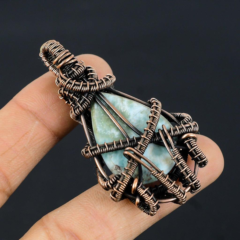 Подвеска с ларимаром, Ювелирное изделие из драгоценного камня, Подвеска, обернутая медной проволокой 999 пробы, Украшения ручной работы, Подвеска с камнем рождения, Подарок для него