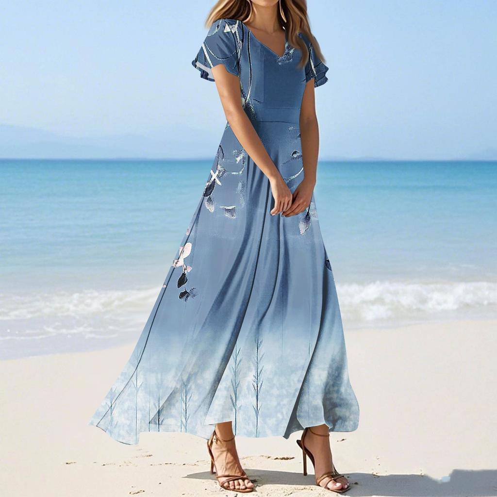 Women's Casual Fashion Print Long Dresses V-Neck Short Sleeve Dresses