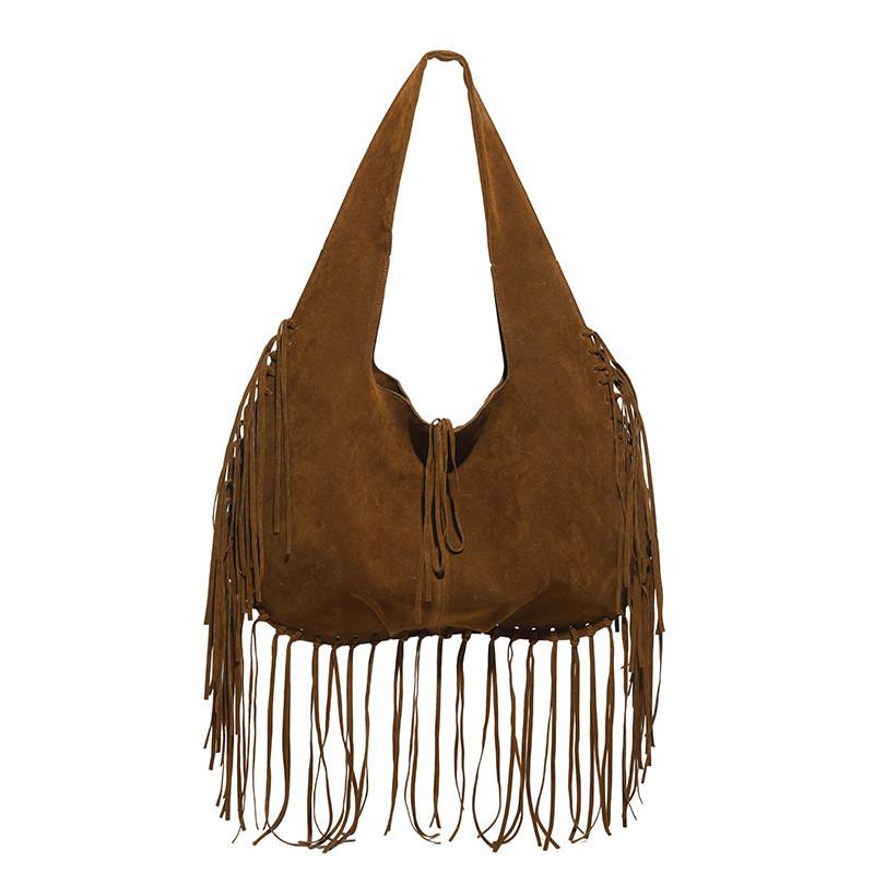 Vintage Suede Shoulder Tote Bag With Tassel Design And Solid Color For Daily Use