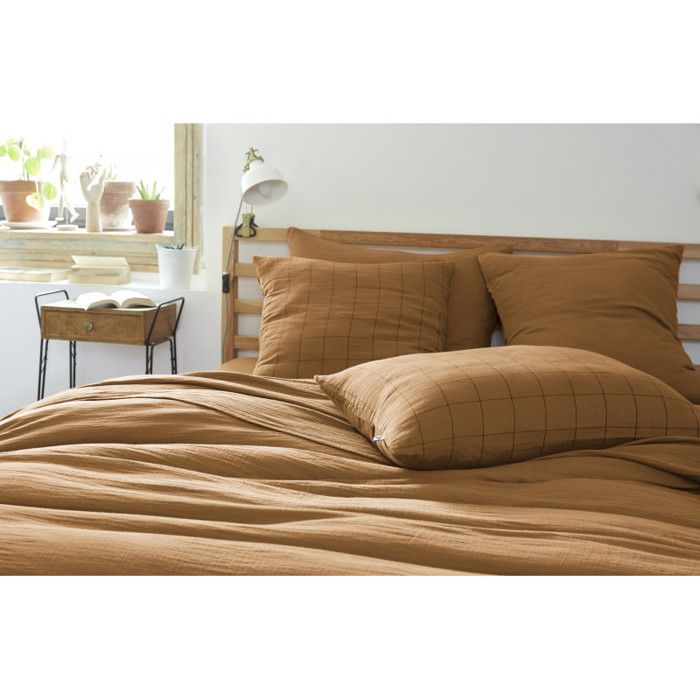 Taie d'oreiller Tissé-teint grands carreaux Déco "Gaïa Match" 60 x 60 cm & 50 x 70 cm "Gaze de Coton" - Gaïa Match Camel - 60 x 60 c