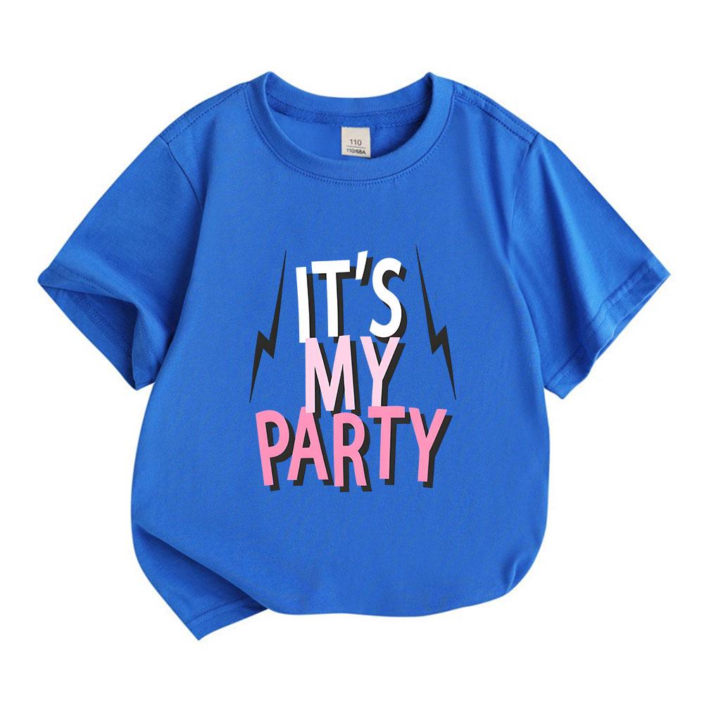 Kids Boys Girls 100% Cotton Crew Neck Short Sleeve T-Shirt, It's My Party Print Casual Summer Tee for Birthday Party Daily Wear