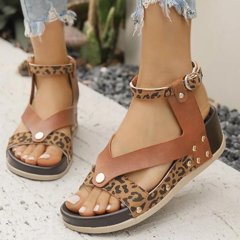 Fashion Summer Leopard Print Wedge Sandals Women Plus Size Ankle Strap High Heel Sandal Female New Slip On Pu Leather Sandalias Mujer