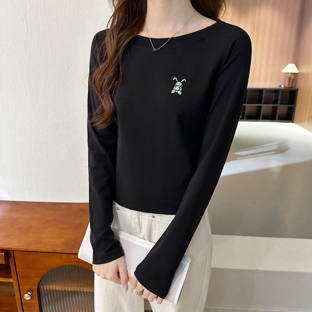 Женский топ из хлопка с длинными рукавами и круглым вырезом, осень 2024 года, вышитый