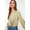 Blouses&Shirts Double Breasted Neckline Shoulder Pleated Elegant Satin Blouse