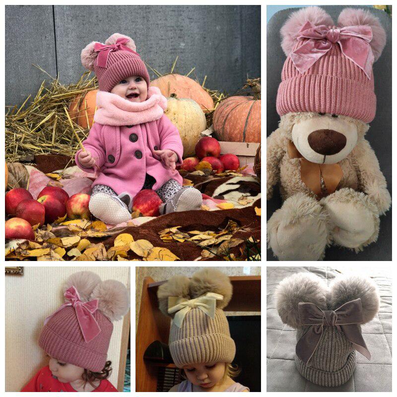 Double Pompom Baby Girl Bonnet Hat Winter Knitted Warm Thicker Children Beanie Cap