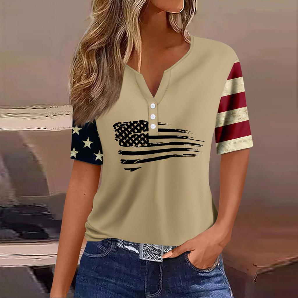 Жен. Футболка Футболка С принтом Пуговицы С короткими рукавами Повседневные Выходные Мода Классический V-образный вырез Обычный Верх