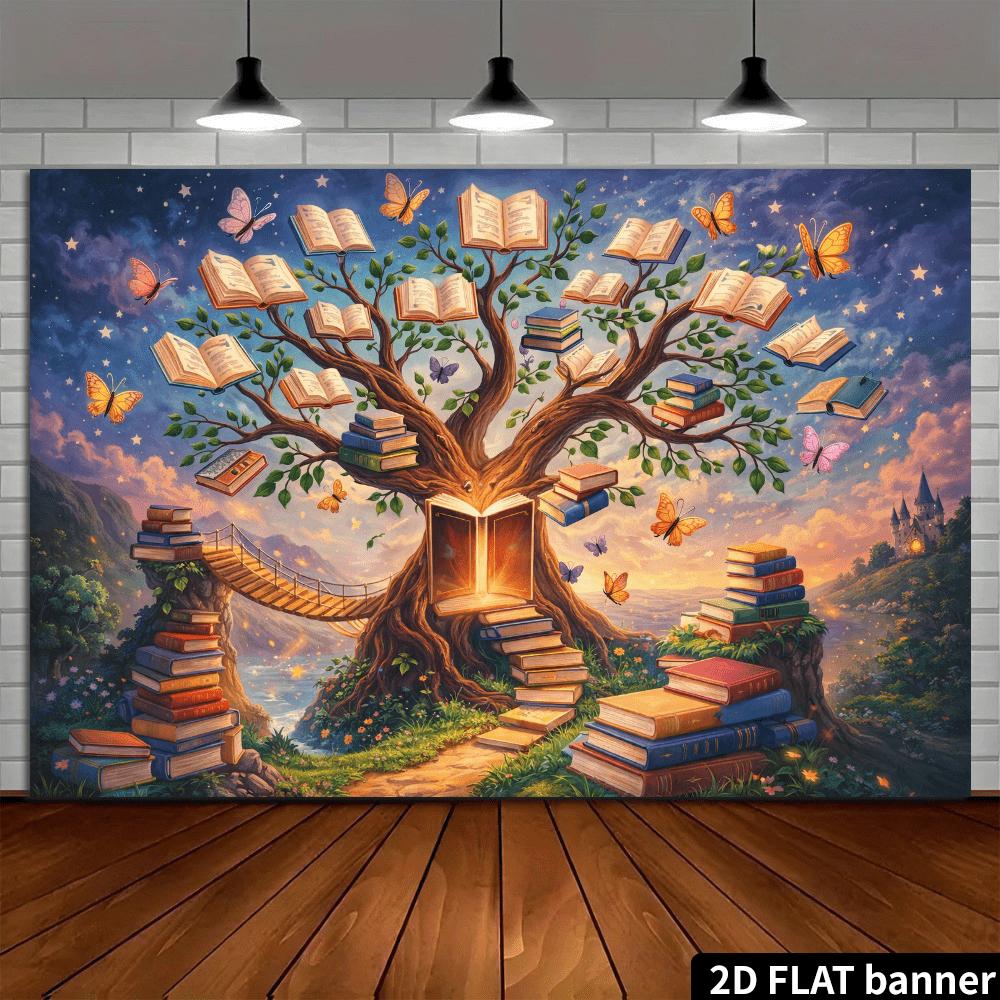 2D planar bridge bookshelf background fabric - Fantasy castle theme with book cover wooden bridge and butterfly decorations
