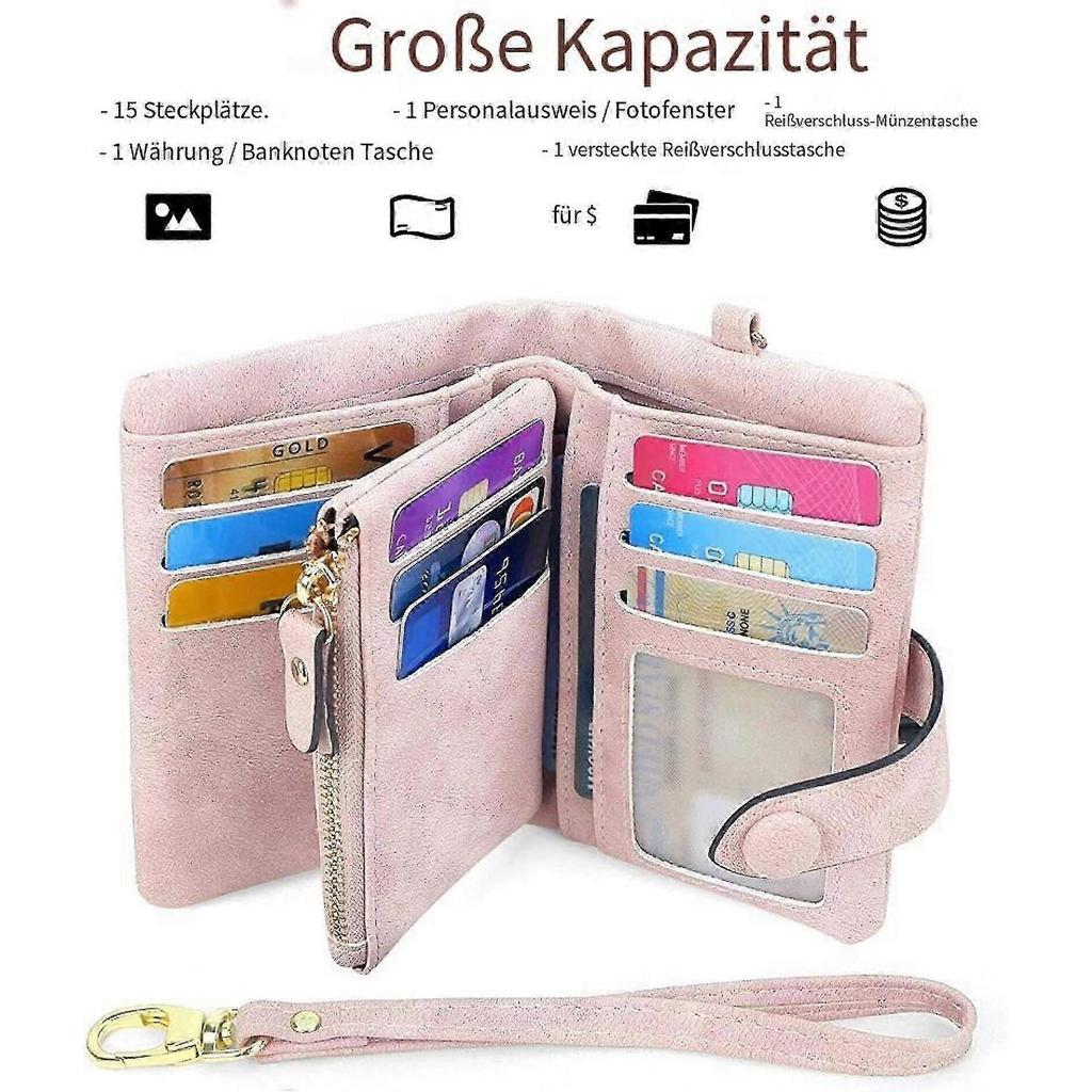 Wallet, Women's Soft Pink PU Leather Double Fold Large Capacity Compact Wallet with Removable Wristband