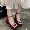 Fashion Crystal Buckle Platform Pumps Women Thick Heels Mary Jane Shoes Woman Leather Square Toe High Heels Shoes Laides Chaussure Femme