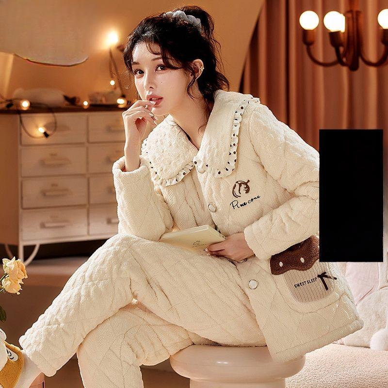 Коралловая бархатная пижама женская зимняя трикотажная стеганая куртка из толстой фланели корейский кашемировый женский комплект домашней одежды можно носить на улице