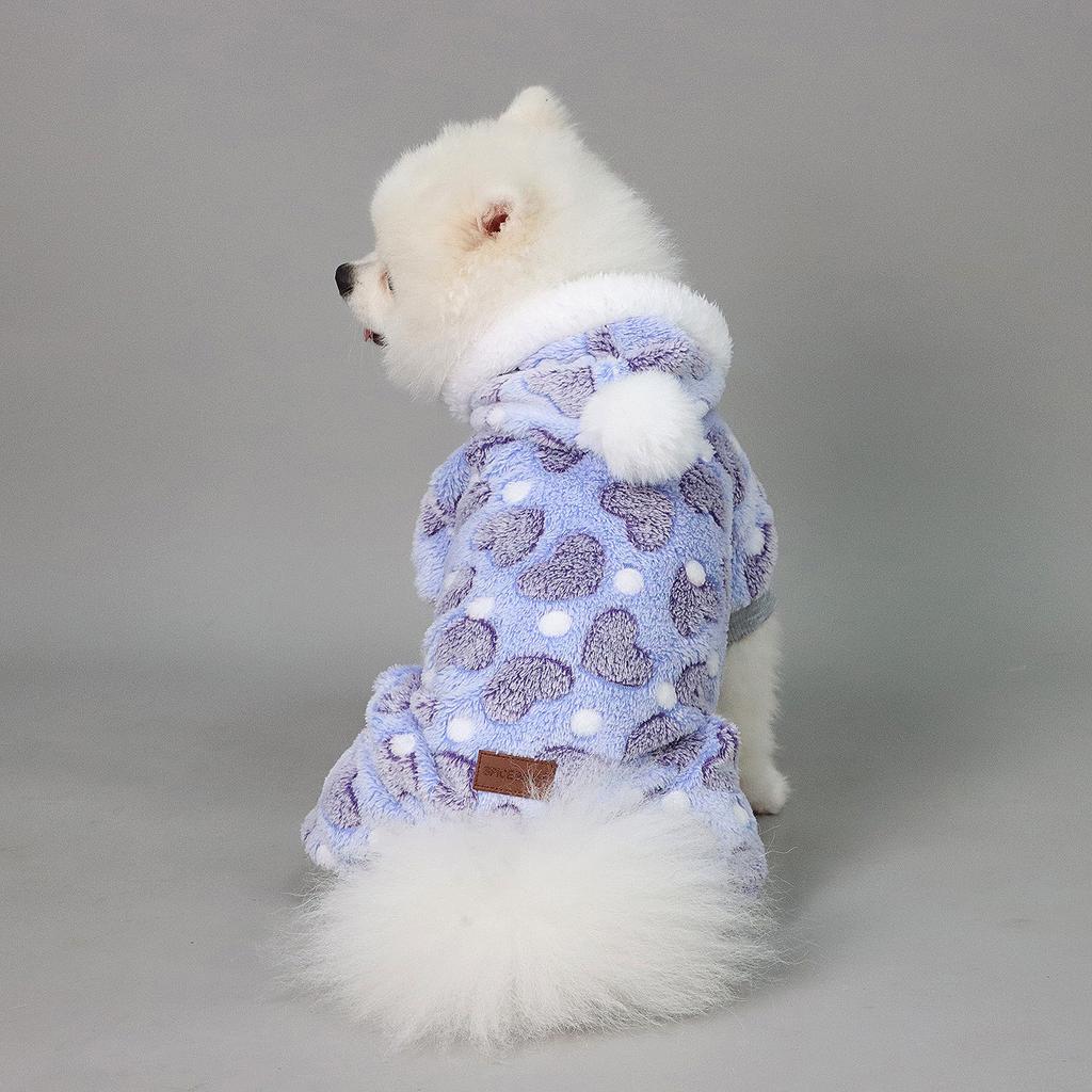Plush Dog Pajamas for Small Dogs Girl Winter Warm Puppy Heart Pjs Fleece Clothes Sweater Outfit Dog with Fuzzy Pompom Pet Onesie