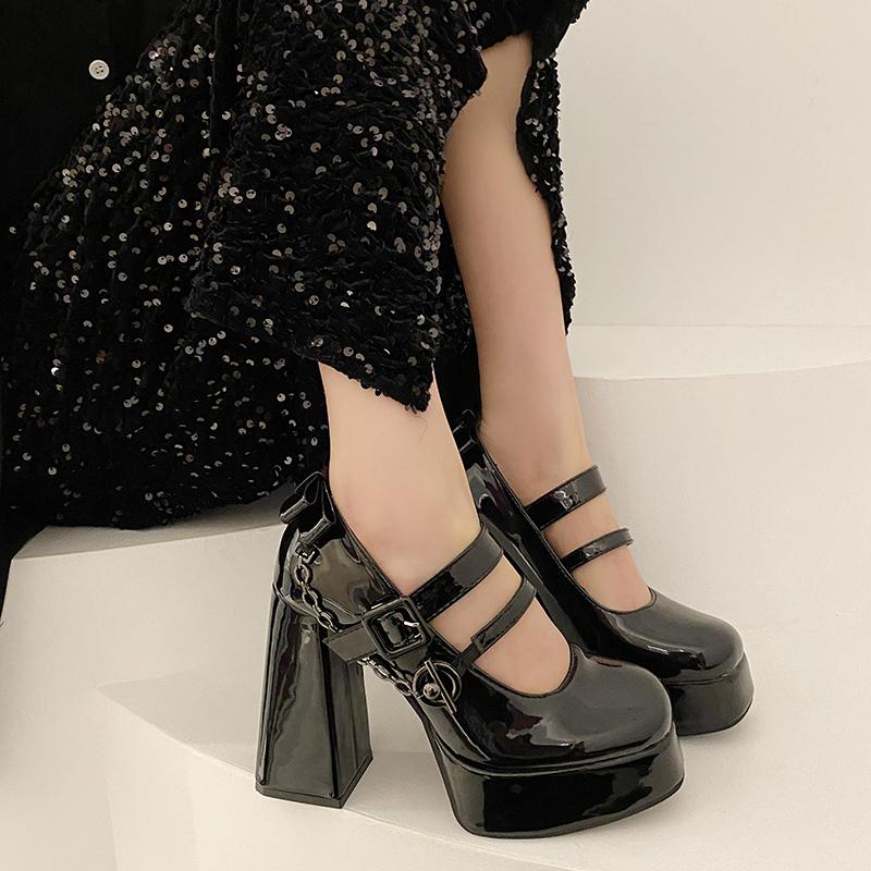 Модная женская обувь на толстом каблуке Зима Новая Круглый носок Неглубокий вырез Металлическая цепочка Толстая подошва Нескользящие Износостойкие Высокие каблуки