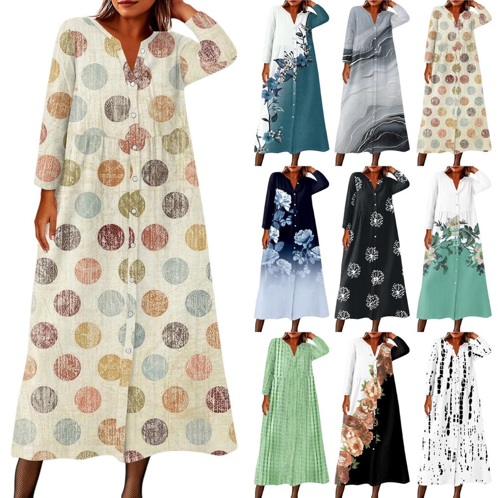 Женское модное платье-рубашка свободного кроя с принтом, круглым вырезом и рукавами семь четвертей на пуговицах