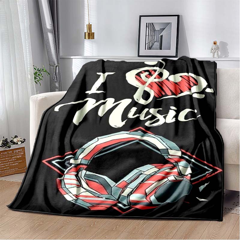 Vintage "I Love Music" Print Flannel Blanket, Retro Headphone & Heart Throw Blanket