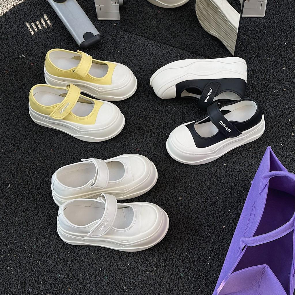 European soft leather big head muffin platform white shoes women's versatile Velcro small man height increase casual Mary Jane shoes