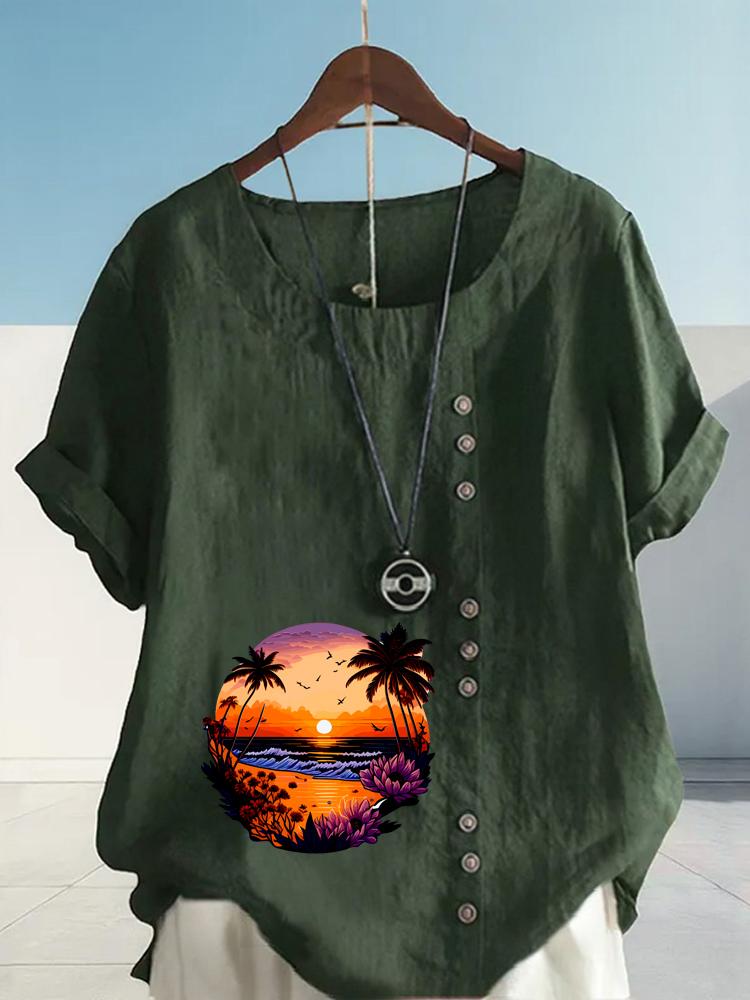 Women's Fashion Landscape Pattern Printing Shot Sleeve T-shirt Loose Cotton Shirt Casual Loose Summer Plus Size Blouse Tops