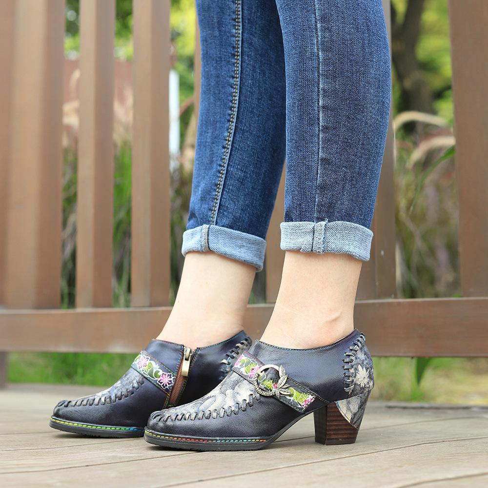 Туфли-лодочки из натуральной кожи на высоком каблуке с тиснением в стиле ретро и ручной росписью, универсальная женская обувь