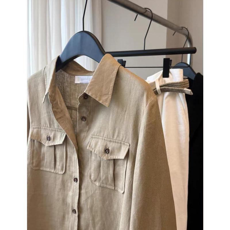 Настоятельно рекомендуется! Женская ретро-рубашка из хаки льна с эстетикой «старых денег» и карманом в стиле американской рабочей одежды.