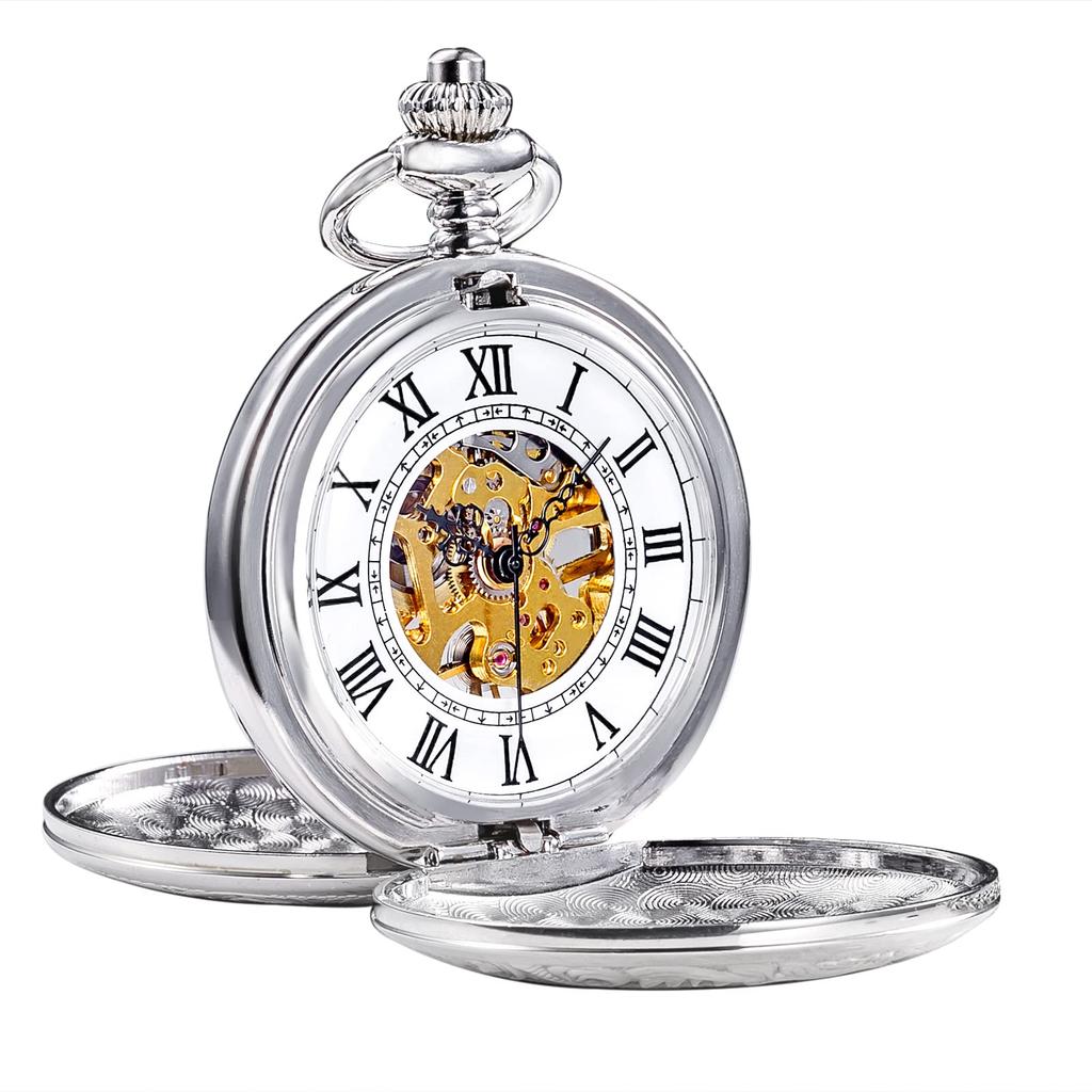 TREEWETO Retro Mechanical Pocket Watch Half Hunter Silver Case with Roman Numeral Box Men's