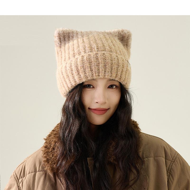 Осенне-зимняя бархатная теплая шерстяная шапка Женская зимняя шапка с кошачьими ушками и защитой ушей Вязаная шапка