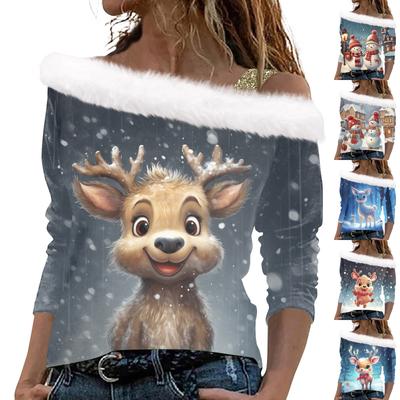 Женские топы с длинными рукавами. Модные женские свободные пуловеры с открытыми плечами с рождественским принтом.