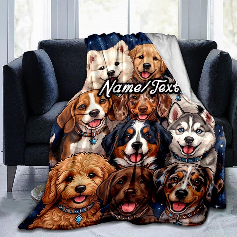 1PC Custom Name Puppy Portrait Collage flannel blanket versatile,all-season throw suitable for the living room,bedroom,camping,travel,and gift
