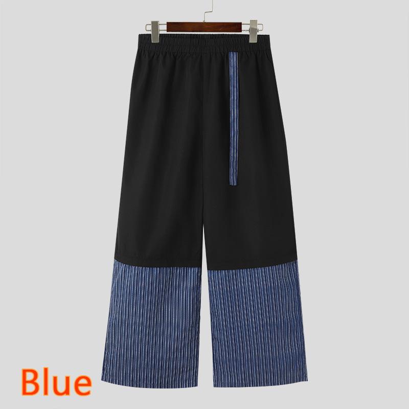 INCERUN Men Spring Elastic Waist Striped Patchwork Trousers Casual Wide Leg Pants