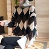 Fashion Casual Pullovers Knitted Sweater for Women Autumn Loose Half High Neck Winter Jumper Sweaters Women Long Sleeve Retro Argyle Knitwear 25406