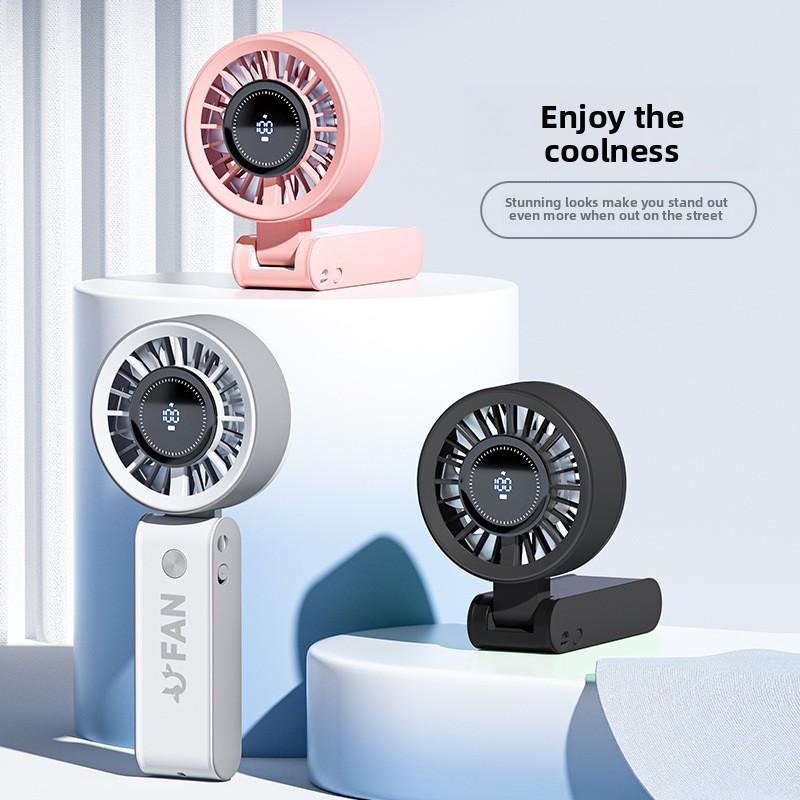 New 100-speed Digital Display High-speed Handheld Mini Fan Powerful Airflow Can Be Hung Neck Foldable Desktop USB-charged