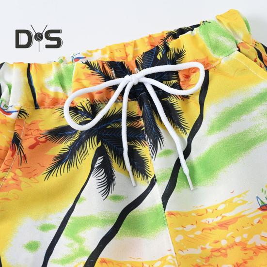 Комплект гавайской одежды для малышей, рубашка с изображением пальмовых листьев на закате, шорты, детский костюм в стиле кокоса, дышащая повседневная летняя одежда для повседневной носки