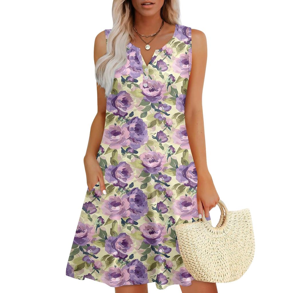 Женские летние платья Свободные сарафаны без рукавов с V-образным вырезом Платье с карманами