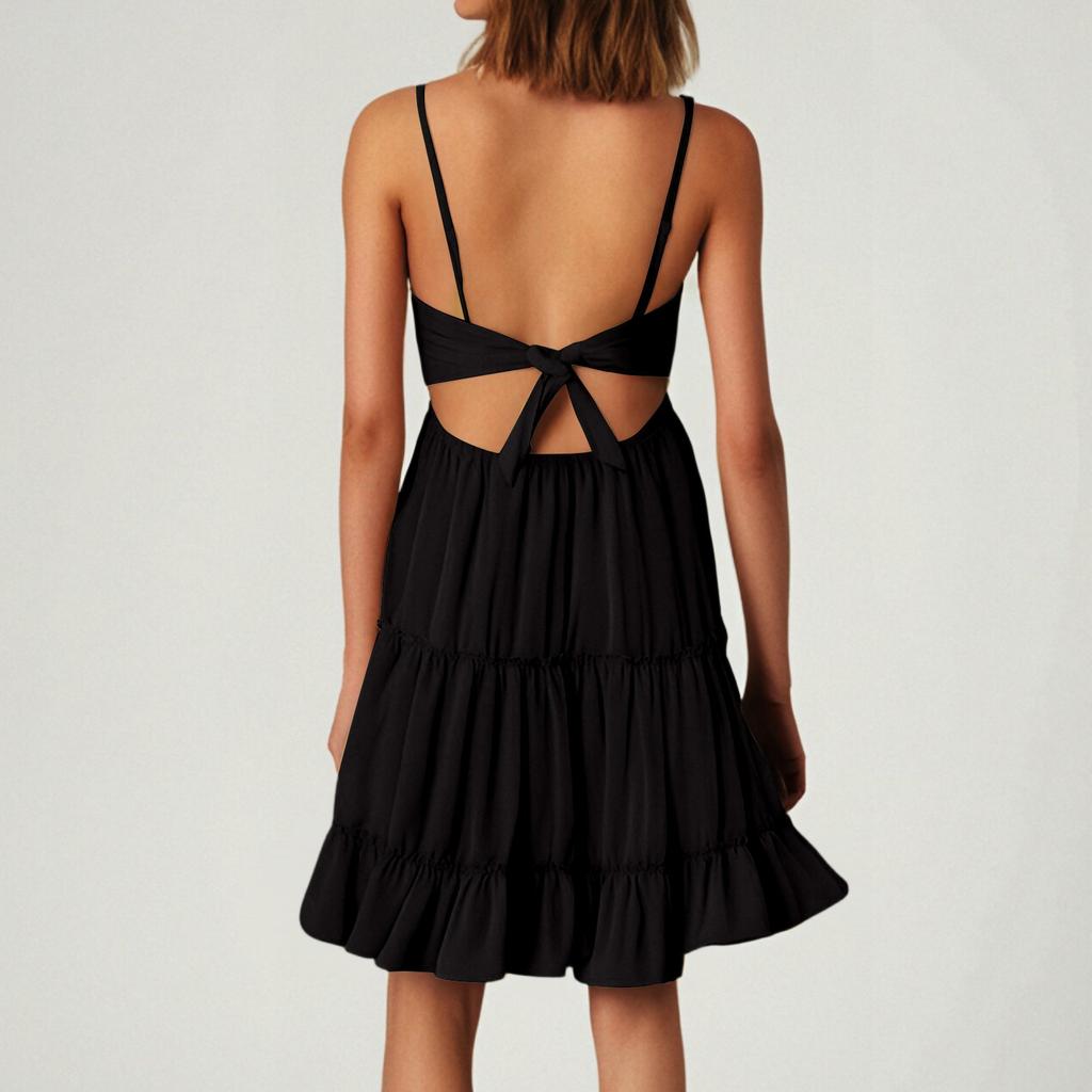 Женская мода повседневные платья без рукавов с V-образным вырезом и оборками