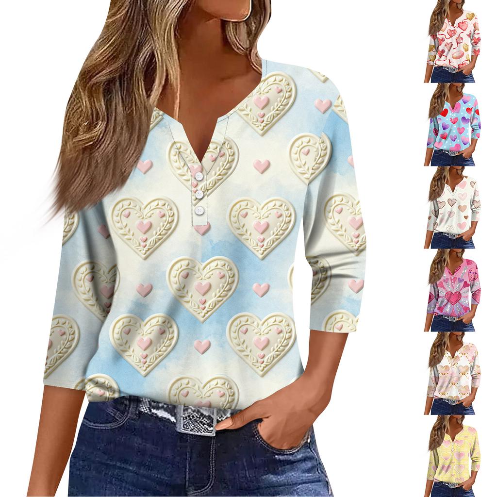 Женская модная рубашка на пуговицах с V-образным вырезом, рукавом три четверти, с принтом ко Дню святого Валентина