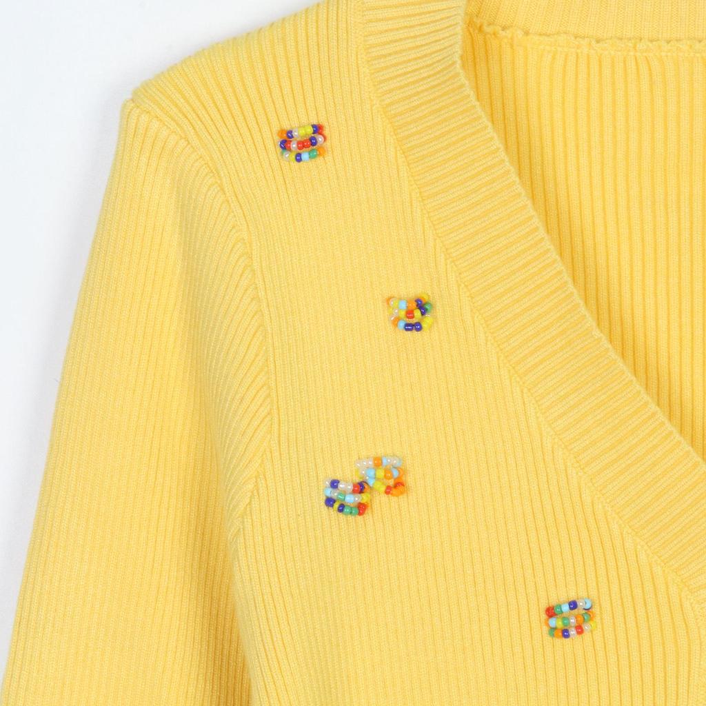 Женский французский ретро вязаный кардиган: V-образный вырез, Длинный рукав, Отделанный бисером, Имитация двойки, Короткий топ с цветными блоками