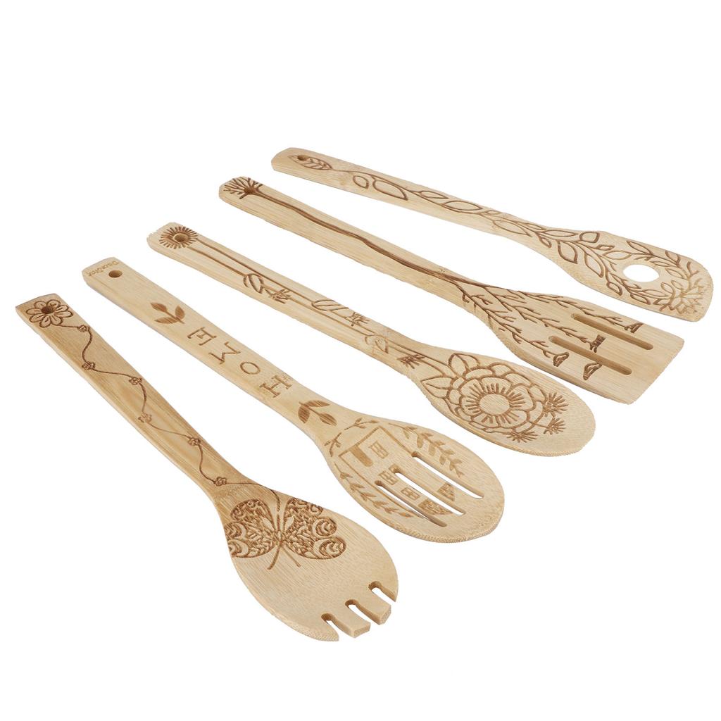 5Pcs Set Shovel Spatula Spoon Kit Carving Bamboo Cooking Utensils Cookware Kitchen Supply