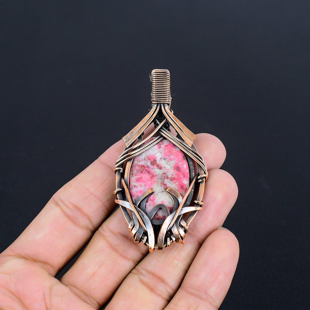 Pink Thulite Gemstone Pendant 999 Copper Wire Wrapped Jewelry, Handmade Antique Pendant Jewelry, Gift For Mother
