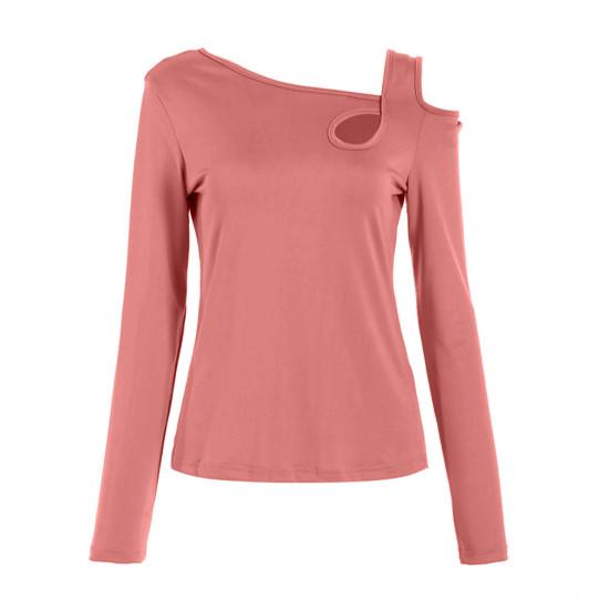 Женские сексуальные топы с наклонными плечами, облегающий топ, полый дизайн, косой воротник, однотонный цвет с длинными рукавами