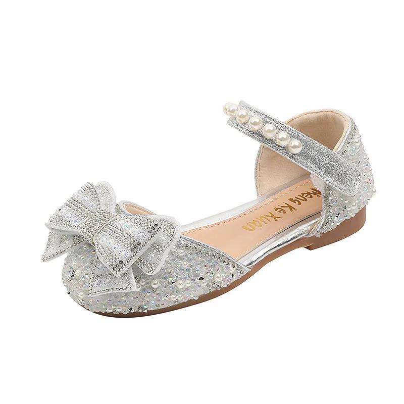 Girls Sequins Flats Sandals Fashion Spring Summer Children Princess Shoes Rhinestone Bowknot Kids Party Wedding Single Shoes