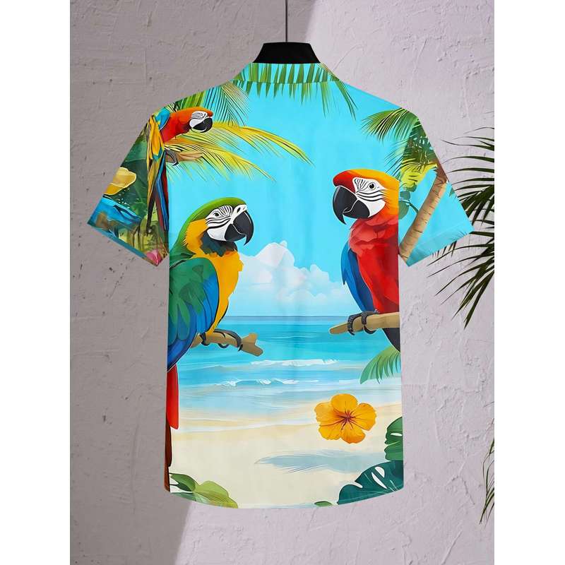 Women's Casual Short Sleeve Button Shirt Tropical Beach Parrot Coconut Tree Pattern Colorful Stylish Top Machine Washable