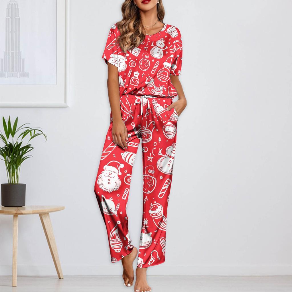 Женский шелковый атласный пижамный комплект с рождественским принтом, рубашка с коротким рукавом и длинные пижамные штаны, мягкая домашняя одежда