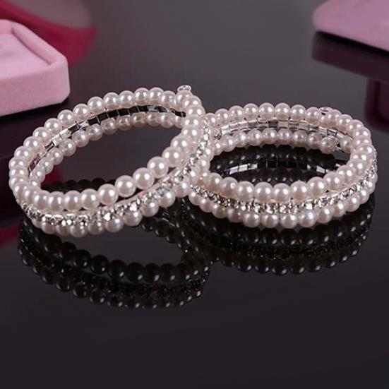 Women's Elegant White Faux Pearls Rhinestone Stretch Bangle Bracelet