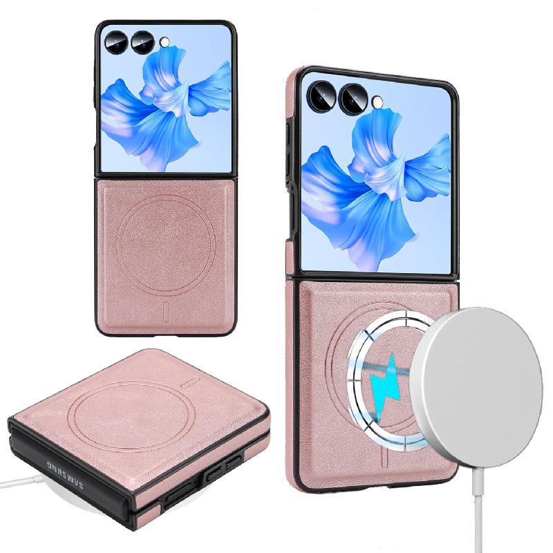 Samsung Z Flip7 Wireless Charging Phone Case with Magnetic Tri-fold Card Holder, Leather Sticker, Velvet Inner, 6-Level Protection.