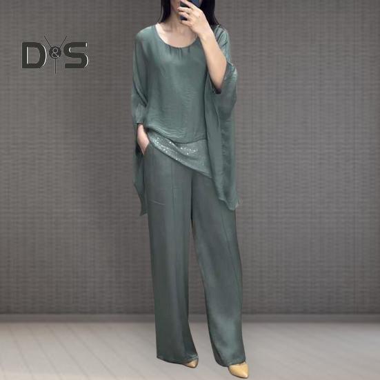 Женский повседневный костюм, топ, широкие брюки, свободный наряд для дома, вечеринки, офиса, с круглым вырезом, с рукавами «летучая мышь», комьютерный костюм