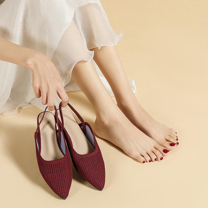 Женские летние туфли большого размера с острым носком и плоской подошвой, повседневные однотонные вязаные сандалии с открытым носком, размер 34-43
