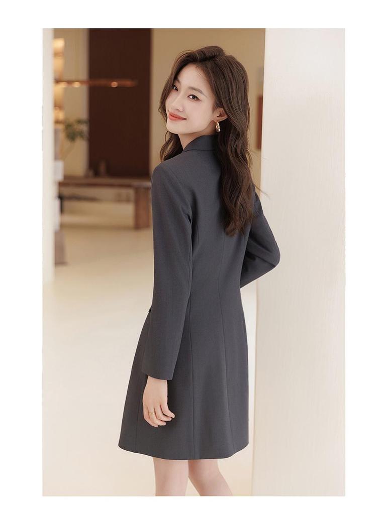 Женское двубортное серое платье-костюм - Миди, Высококлассная профессиональная рабочая одежда для весны и осени