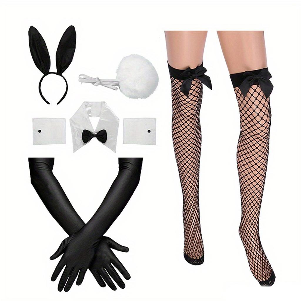 PESENAR Bunny Halloween Costume Accessories 7 PCS Bunnys Ears Headband Tail Bow tie Collar Cuffs Fishnet Stockings Gloves