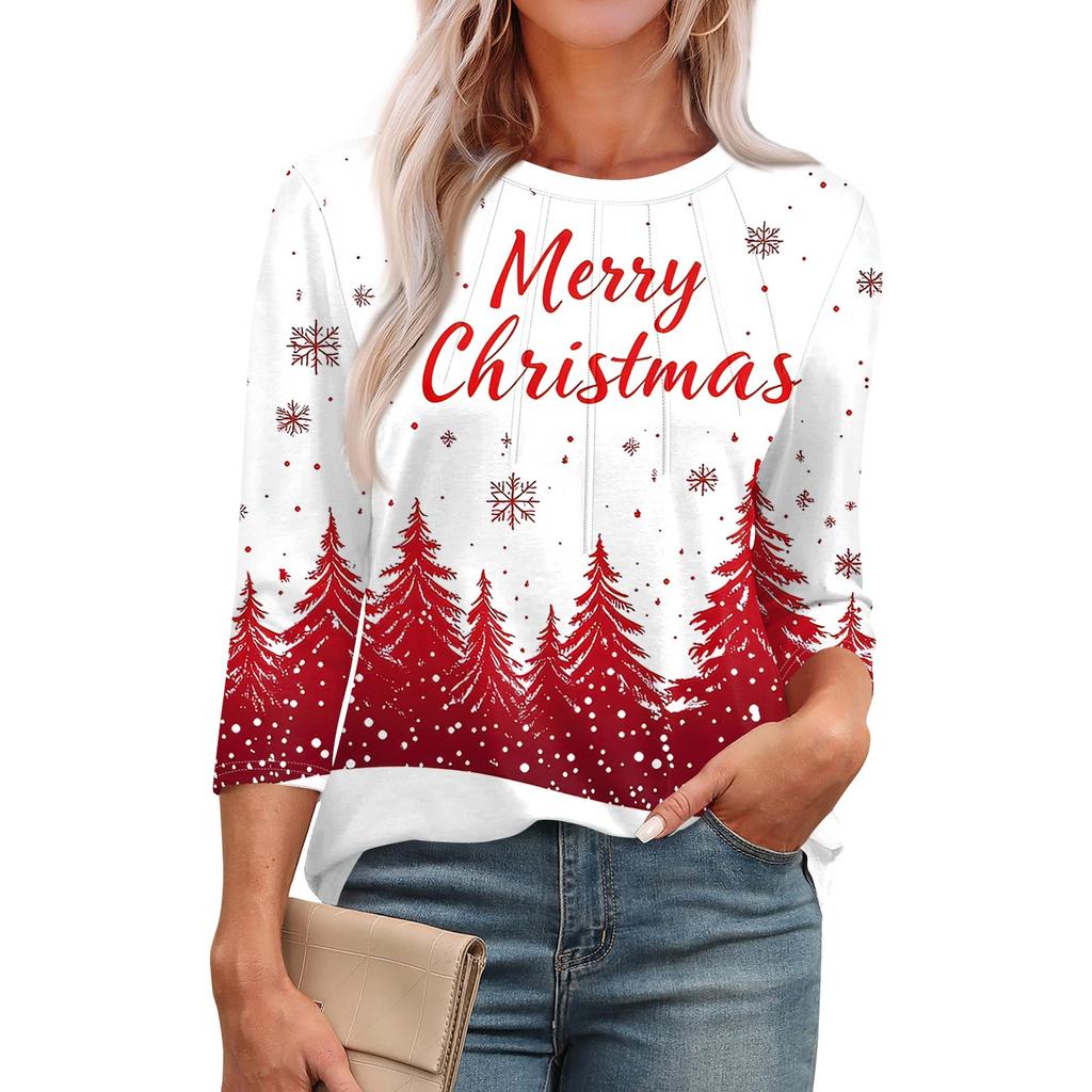 Женская модная футболка с круглым вырезом и рукавом 3/4 с рождественскими принтами, повседневная базовая плиссированная футболка-пуловер