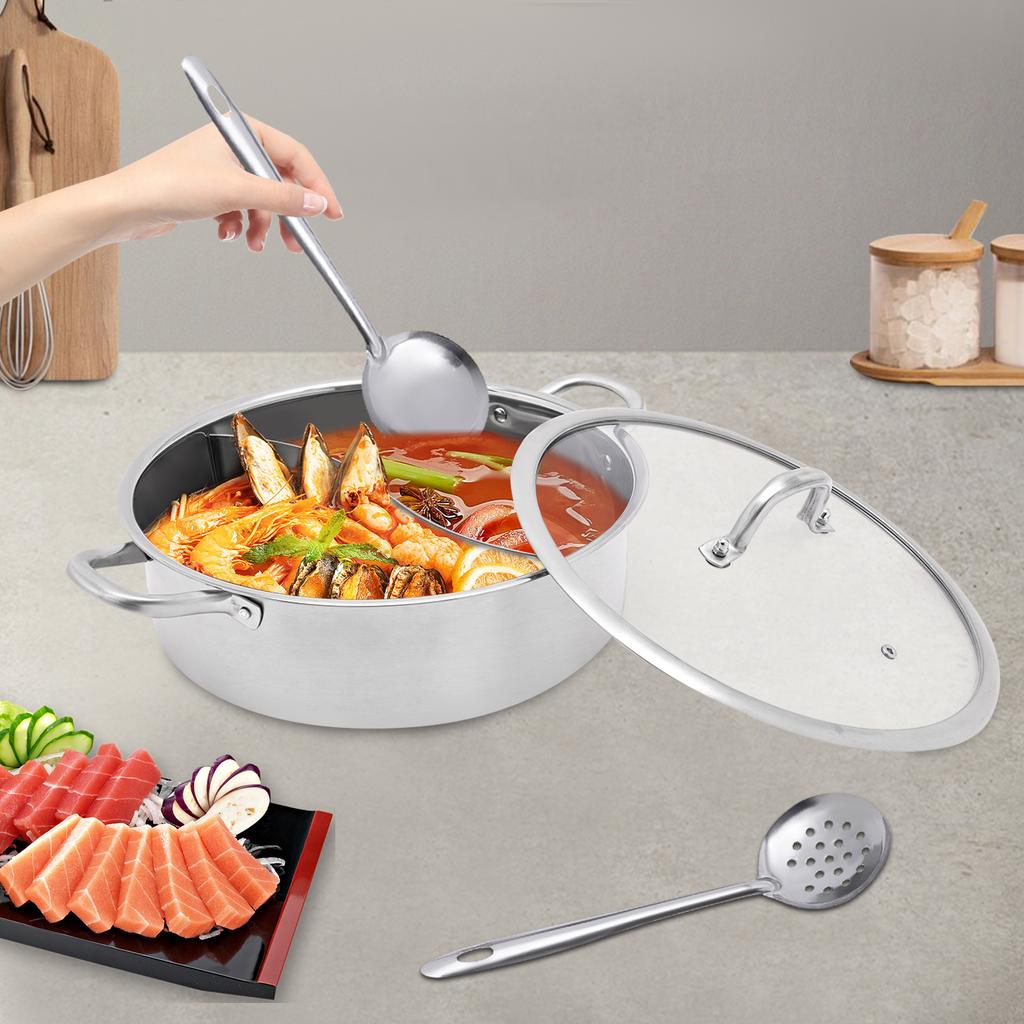 32cm Stainless Steel Hot Pot with Divider, Dual-Sided Cooking Pot, 304 Stainless Steel Pot with Glass Lid, Soup Spoon & Strainer